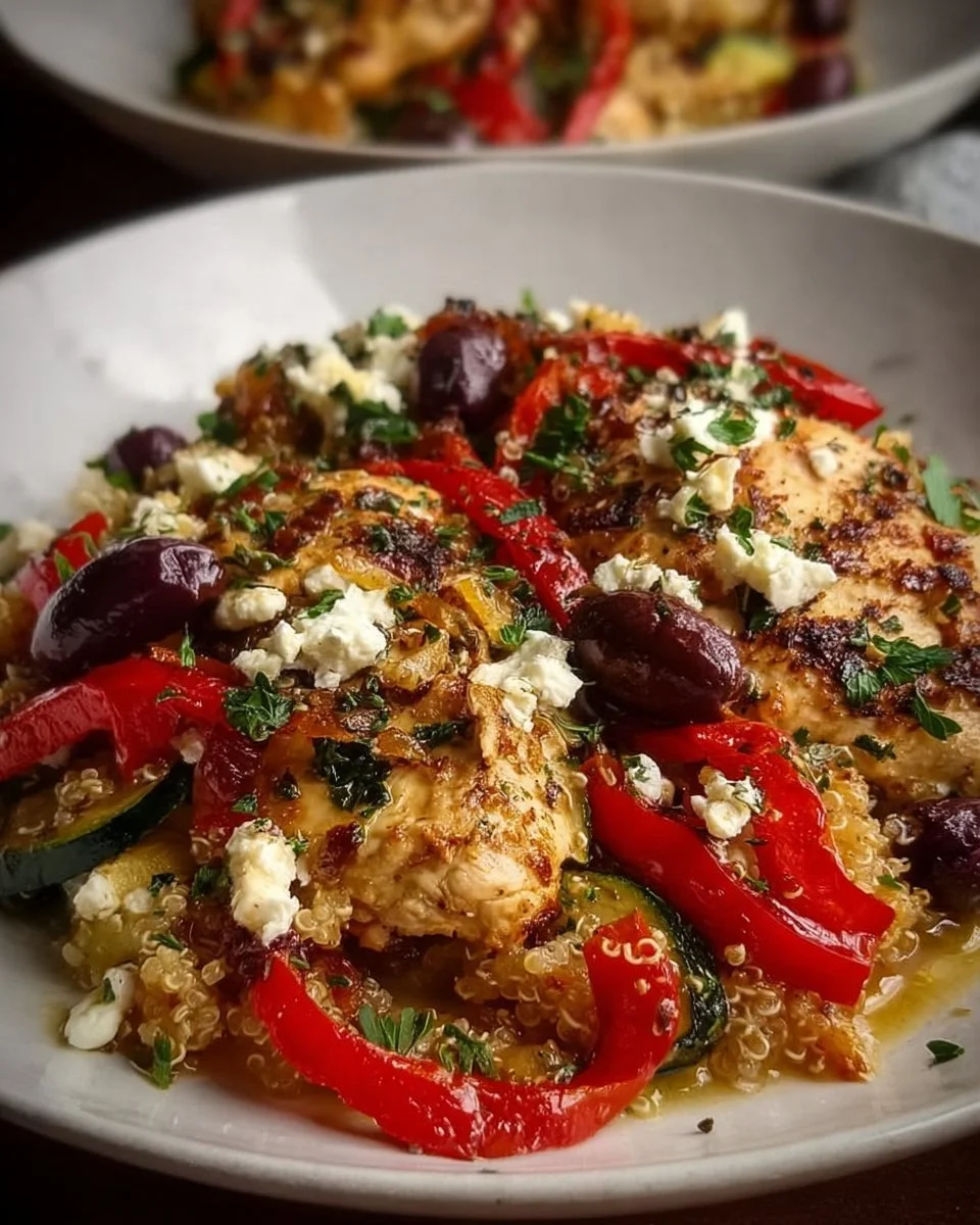 Delicious Greek Chicken Casserole topped with herbs and vegetables