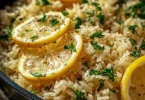 Bowl of Greek Lemon Rice garnished with fresh herbs and lemon slices