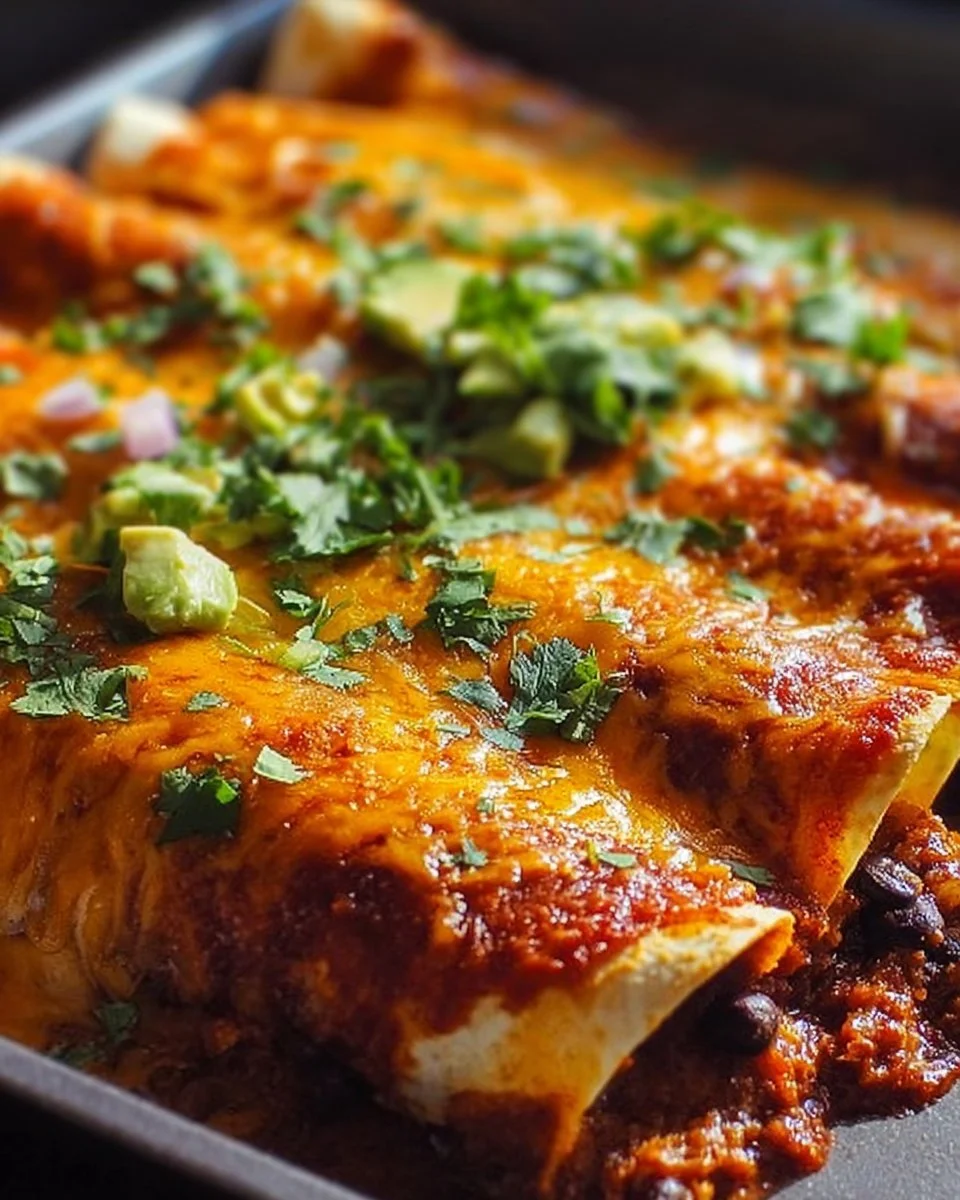 Ground turkey black bean enchiladas topped with cheese and fresh herbs