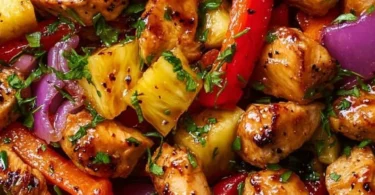 Sheet pan meal featuring Hawaiian chicken with colorful vegetables and pineapple