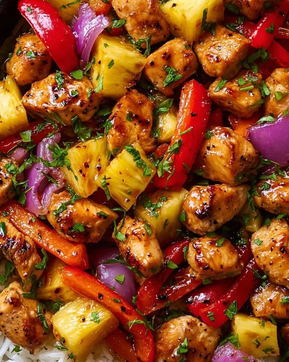 Sheet pan meal featuring Hawaiian chicken with colorful vegetables and pineapple
