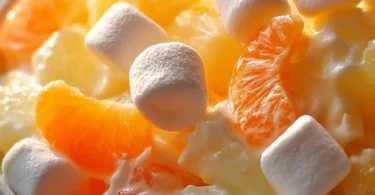 Colorful Hawaiian fruit salad with tropical fruits and coconut flakes.