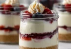Healthy protein cheesecake jars topped with fresh berries and nuts