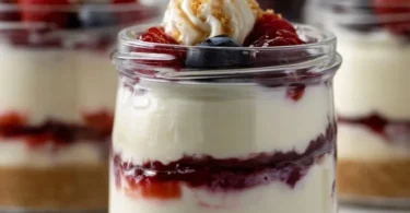 Healthy protein cheesecake jars topped with fresh berries and nuts