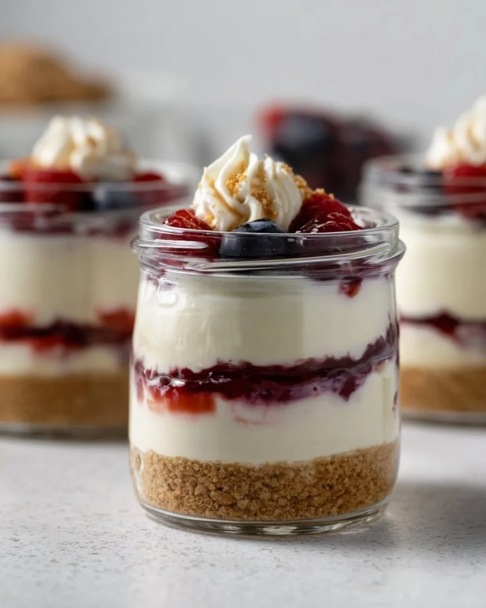 Healthy protein cheesecake jars topped with fresh berries and nuts