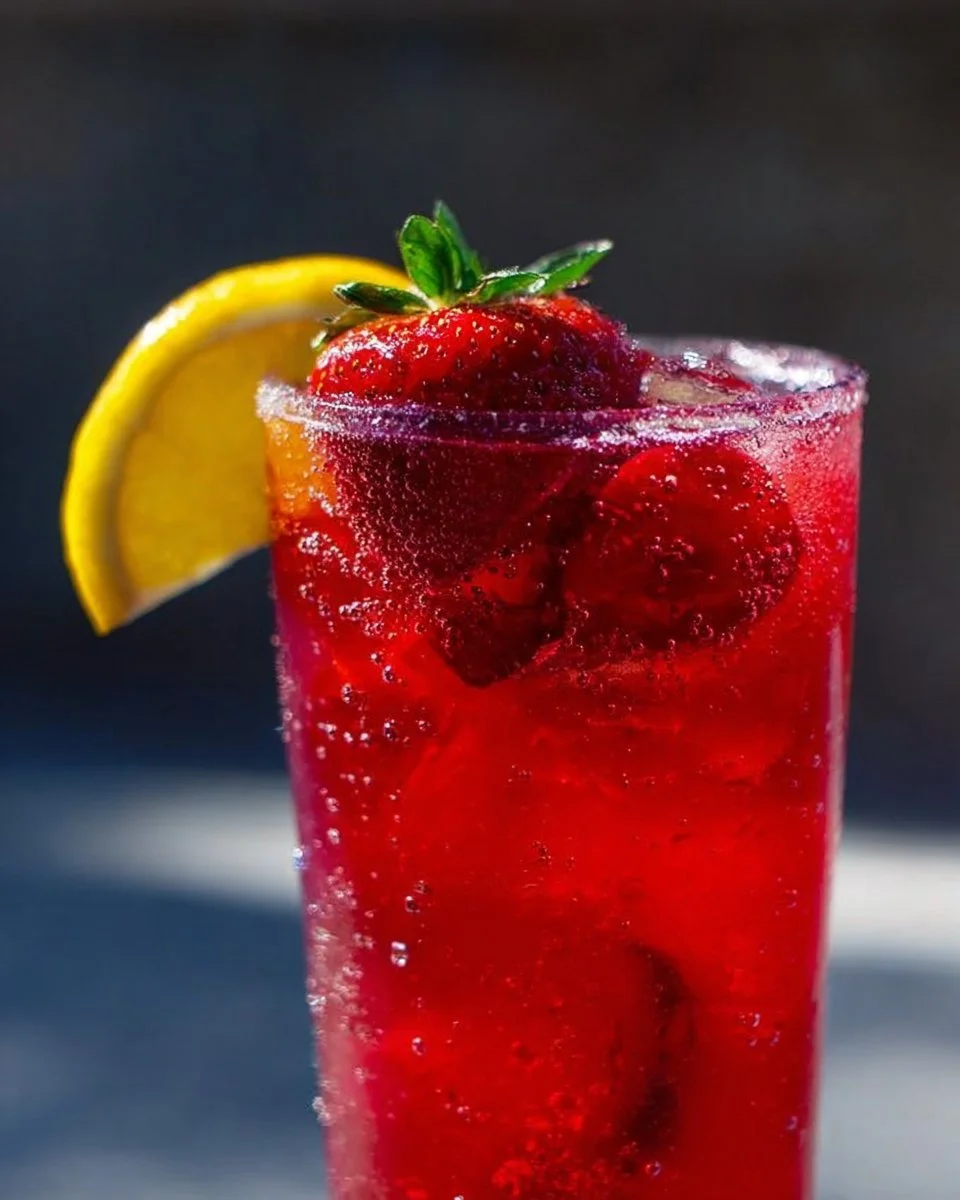 Hibiscus tea strawberry-lemonade refresher served in a glass with ice and garnished.
