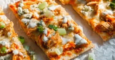 High protein buffalo chicken flatbread topped with fresh ingredients