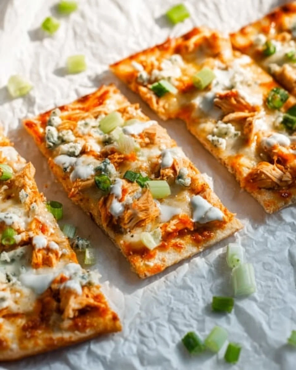 High protein buffalo chicken flatbread topped with fresh ingredients