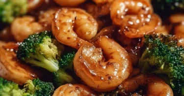 High-protein honey garlic shrimp served with vegetables on a plate
