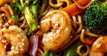 High-protein shrimp stir fry in a skillet with colorful vegetables