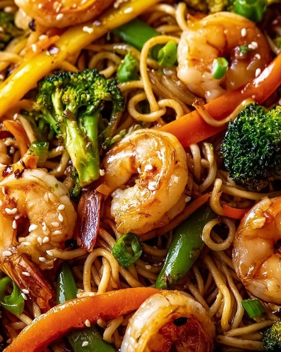 High-protein shrimp stir fry in a skillet with colorful vegetables