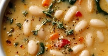 High protein white bean soup in a bowl garnished with herbs and spices.