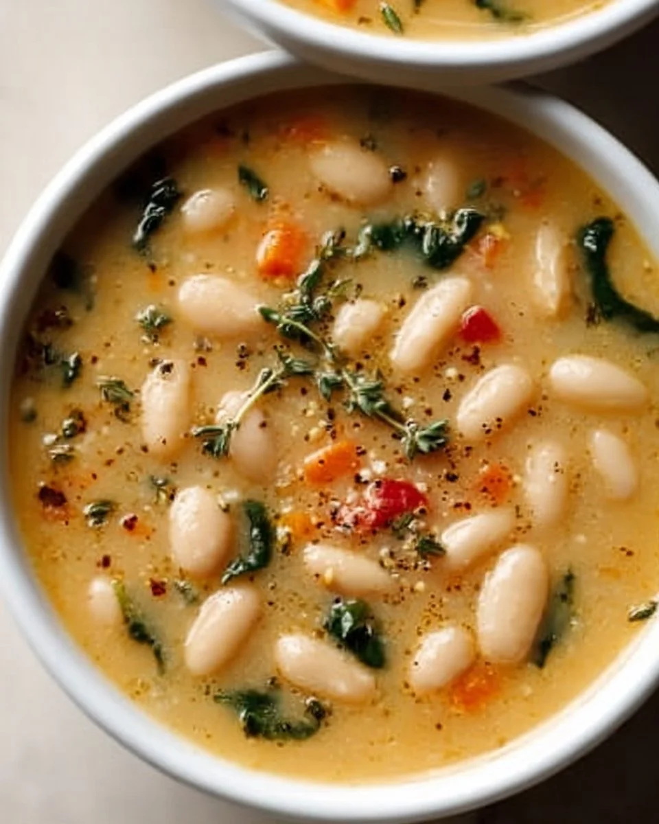 High protein white bean soup in a bowl garnished with herbs and spices.