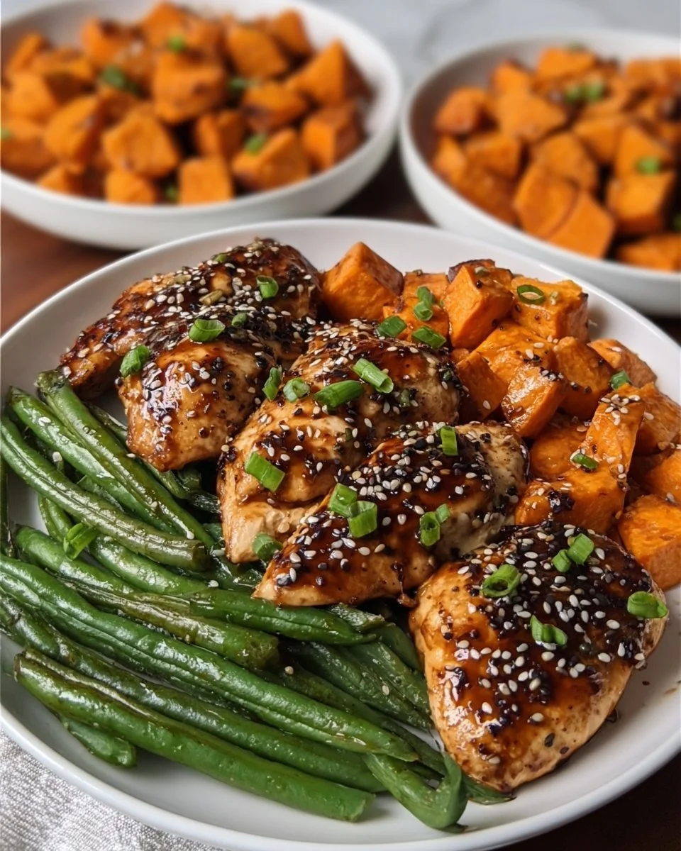 Delicious Honey Garlic Chicken served with roasted sweet potatoes