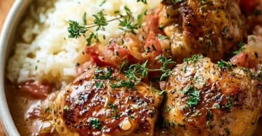 Italian Crockpot Chicken Thighs served with herbs and vegetables.