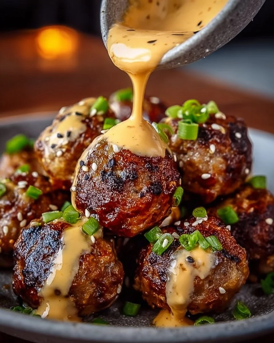 Korean BBQ Meatballs served with spicy mayo dip on a plate