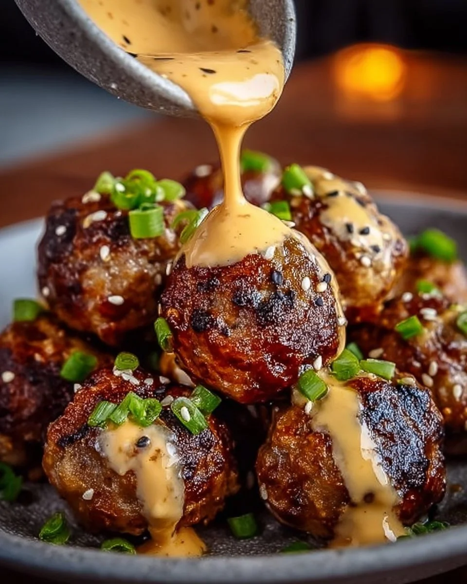 Korean BBQ Meatballs with Spicy Mayo Dip