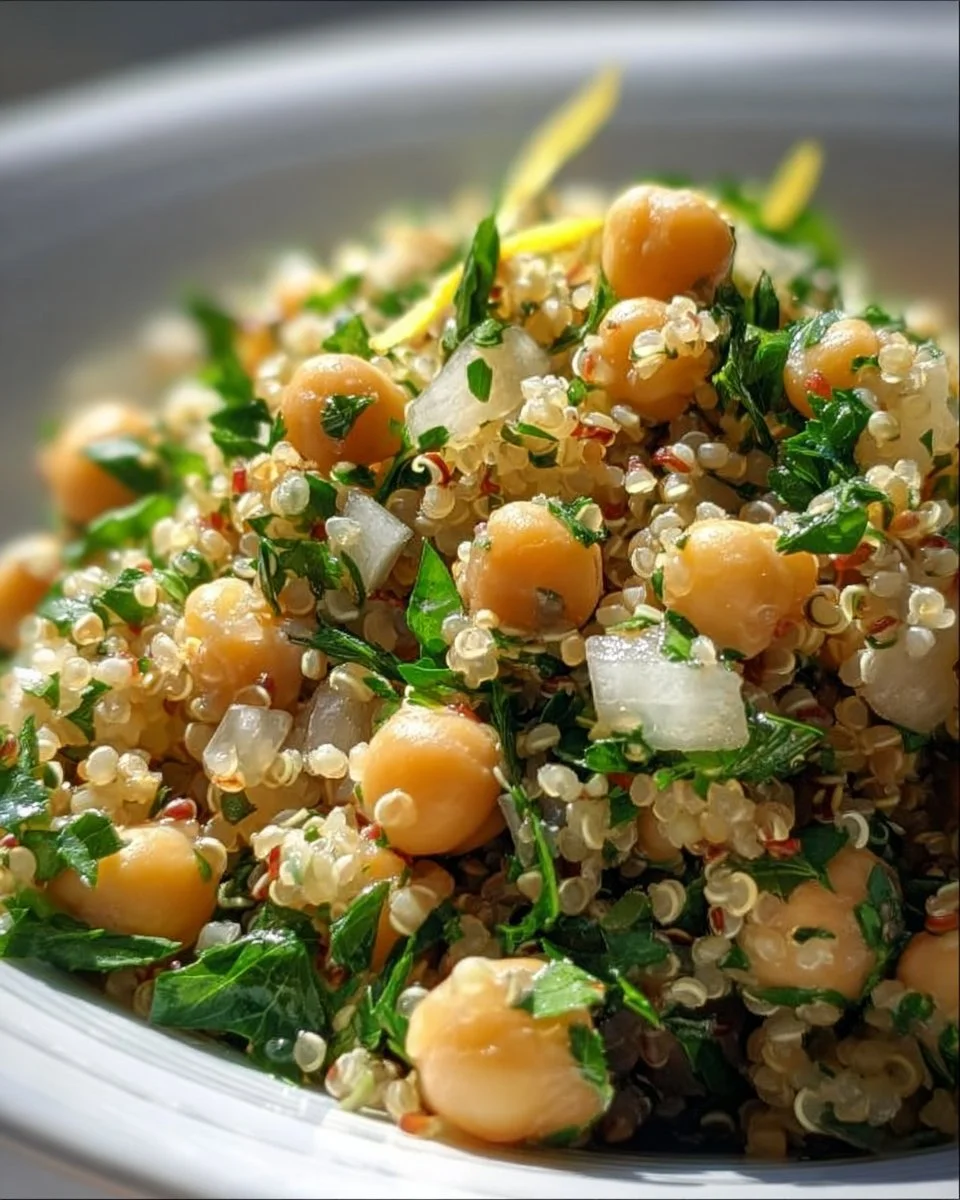 Lemon Herb Quinoa with Chickpeas served in a bowl garnished with herbs