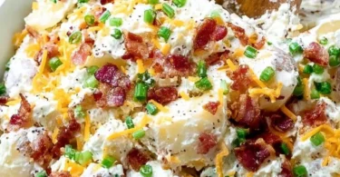 Bowl of loaded baked potato salad with toppings like cheese, bacon, and green onions.