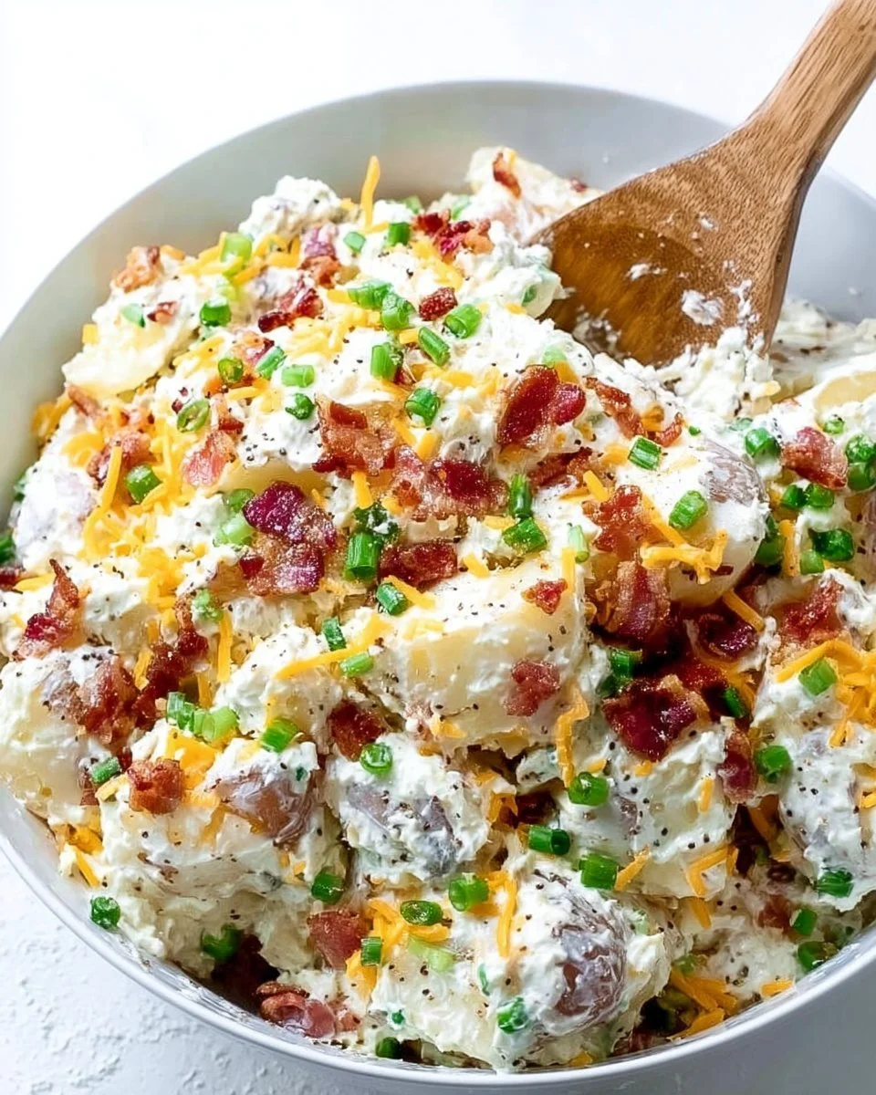 Bowl of loaded baked potato salad with toppings like cheese, bacon, and green onions.