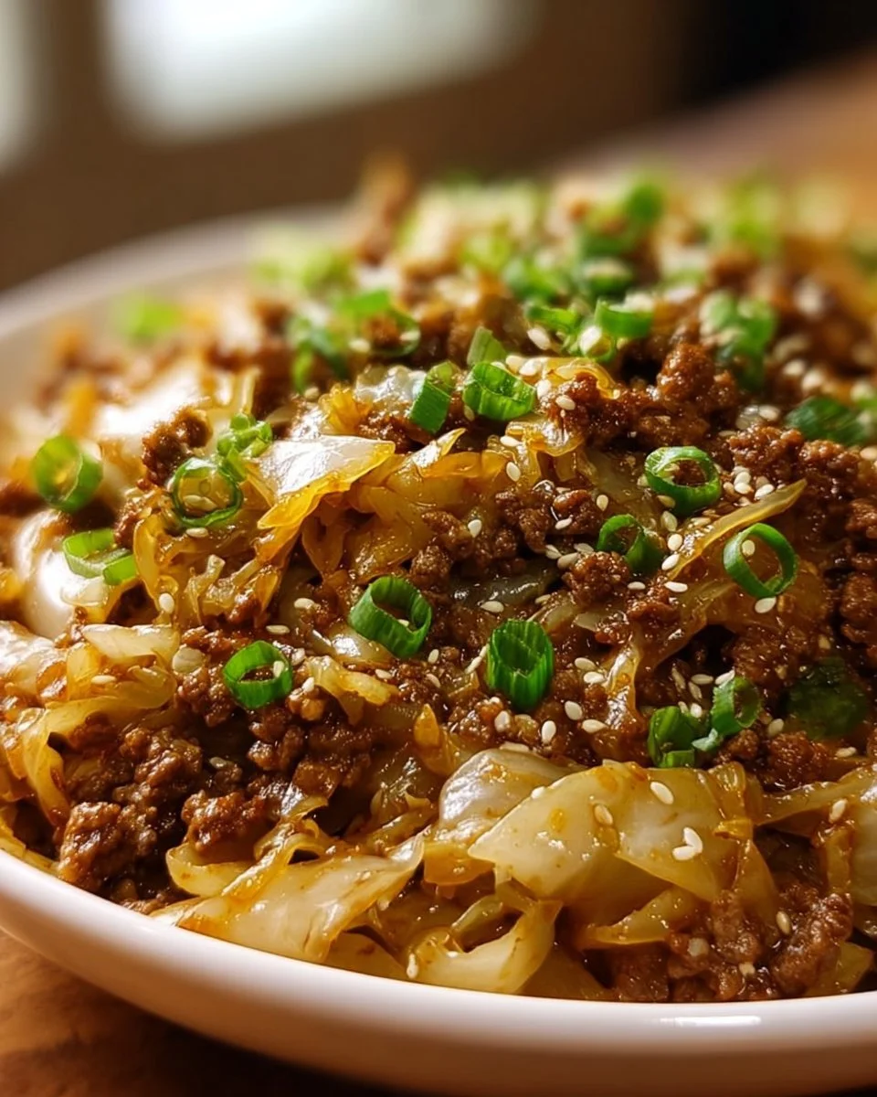 Low-carb Mongolian Ground Beef and Cabbage dish served in a bowl.