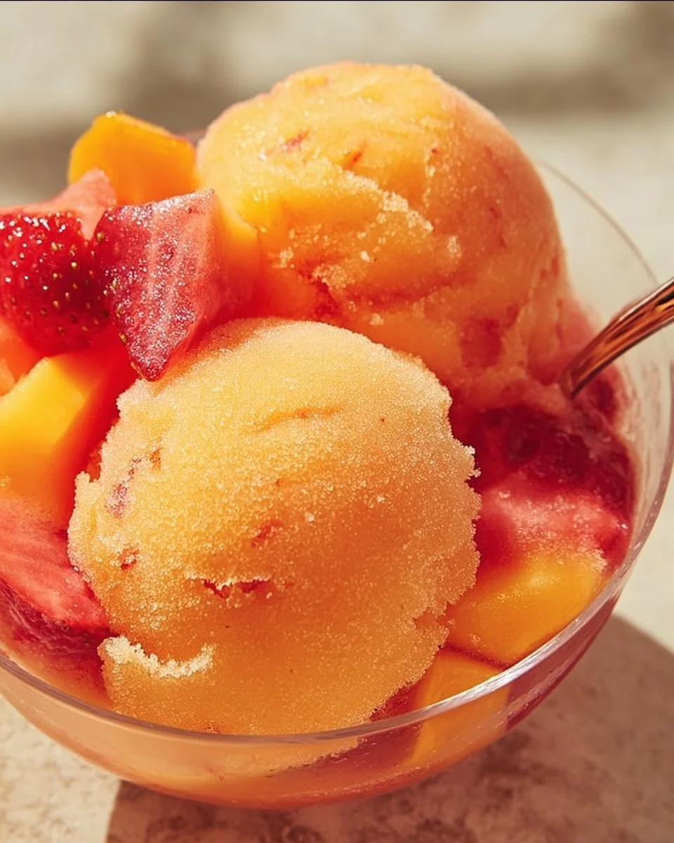 A bowl of vibrant Mango Strawberry Sorbet garnished with fresh fruit
