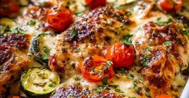 Mediterranean Chicken Zucchini Bake garnished with herbs and spices