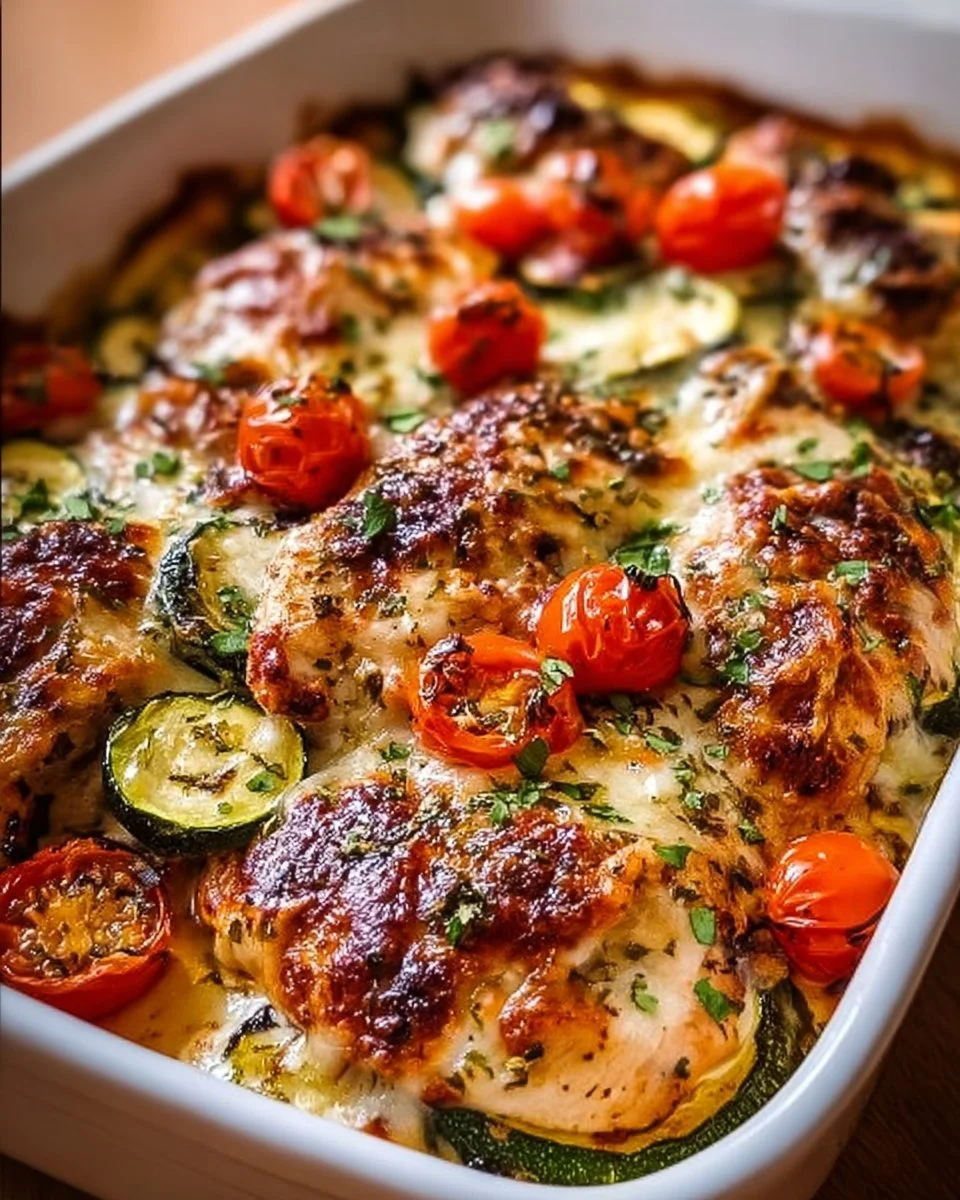 Mediterranean Chicken Zucchini Bake garnished with herbs and spices