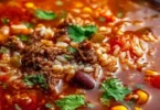 A bowl of Mexican beef and rice soup garnished with cilantro and lime