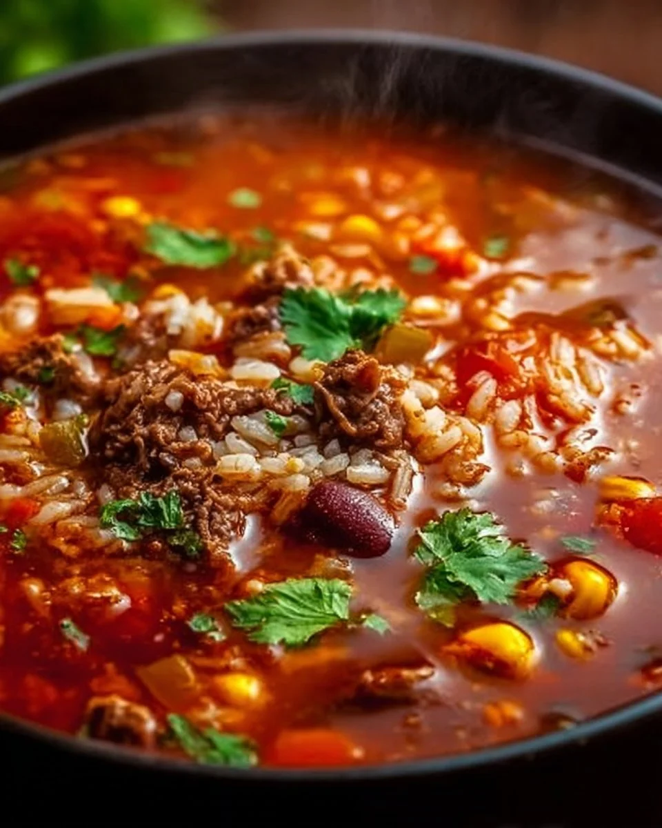 A bowl of Mexican beef and rice soup garnished with cilantro and lime