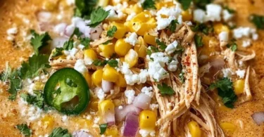 Bowl of Mexican street corn soup garnished with cilantro and lime