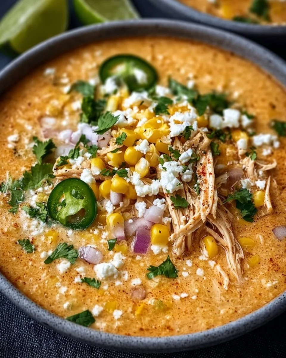 Bowl of Mexican street corn soup garnished with cilantro and lime
