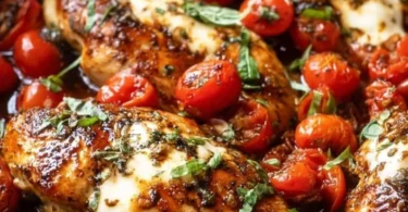 One-pan juicy chicken cooked in balsamic sauce, garnished with herbs
