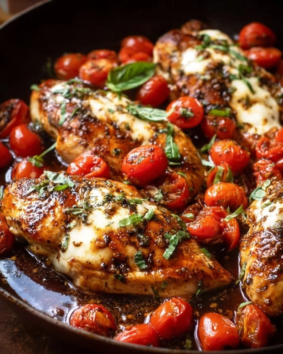 One-pan juicy chicken cooked in balsamic sauce, garnished with herbs