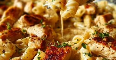 One pot chicken penne pasta served with herbs in a skillet