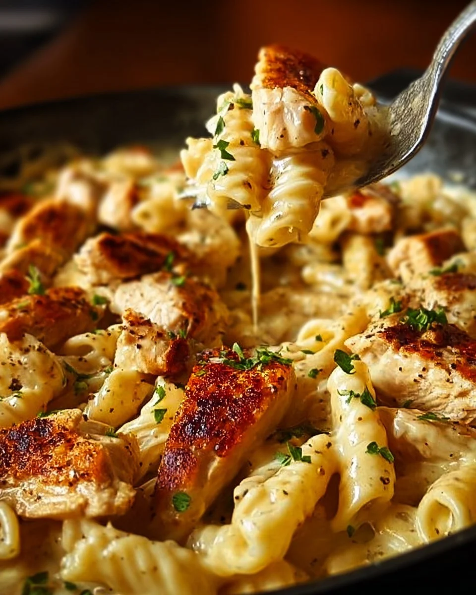 One pot chicken penne pasta served with herbs in a skillet