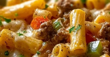 Delicious Philly Cheesesteak Pasta served with cheese and peppers.