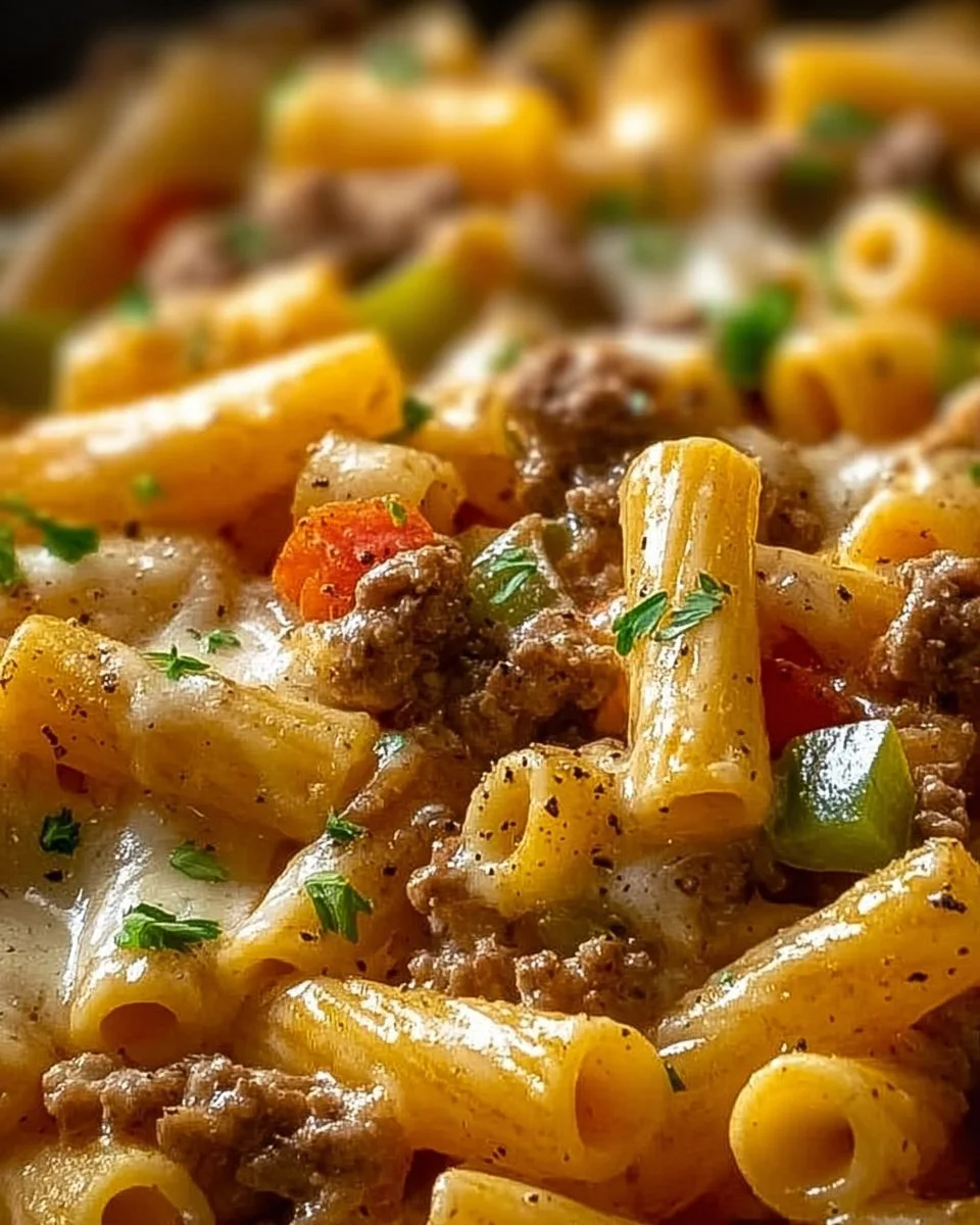 Delicious Philly Cheesesteak Pasta served with cheese and peppers.