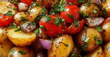 Delicious potato salad with balsamic vinaigrette and fresh vegetables