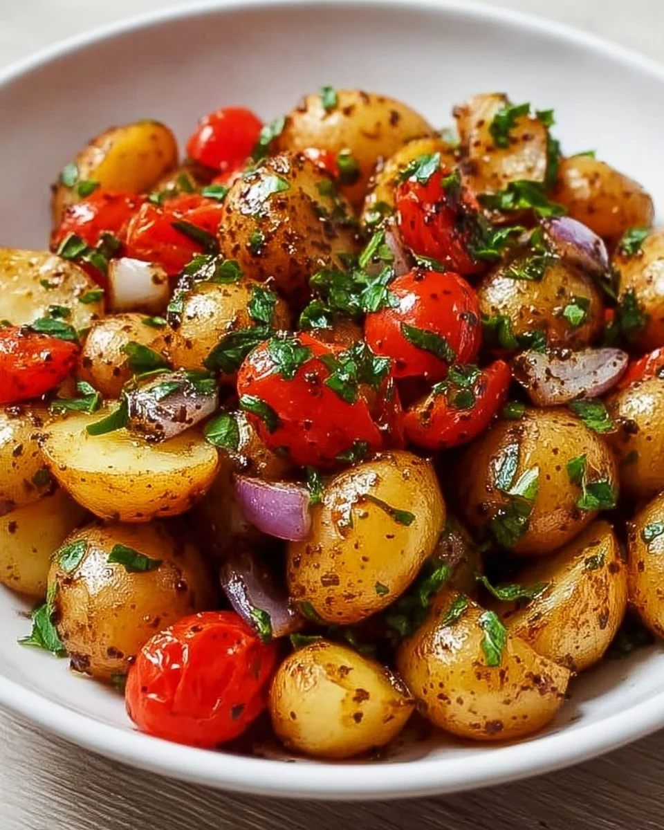 Delicious potato salad with balsamic vinaigrette and fresh vegetables