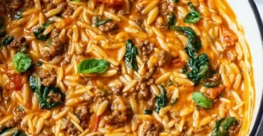 Quick ground beef orzo dish with tomato cream sauce served in a bowl