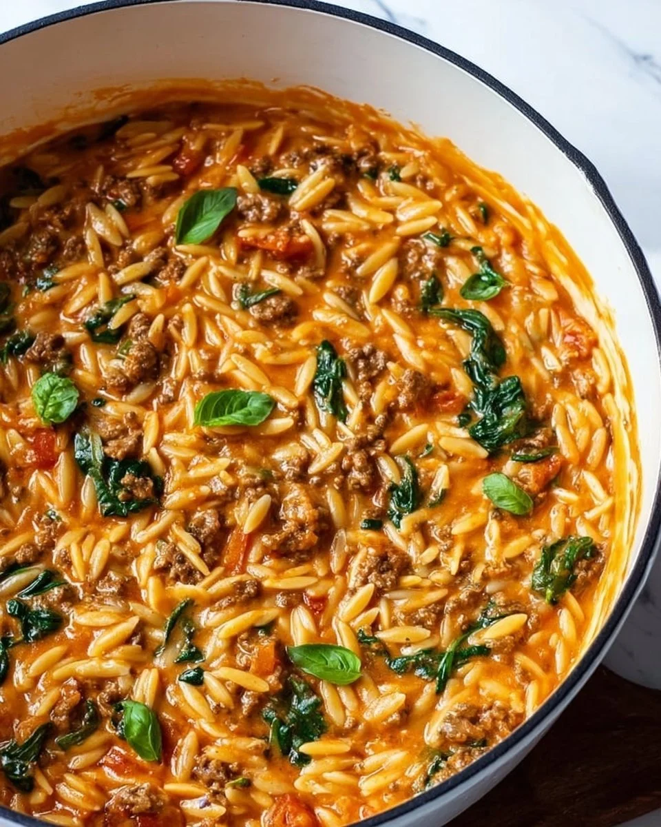 Quick ground beef orzo dish with tomato cream sauce served in a bowl