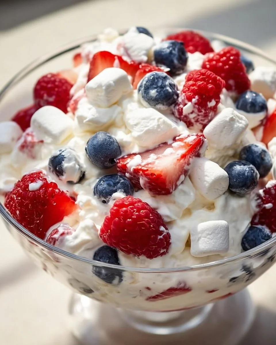 Red White and Blue Cheesecake Salad with fresh strawberries, blueberries, and creamy cheesecake topping