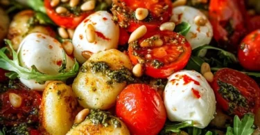 Delicious roasted gnocchi salad topped with fresh basil pesto