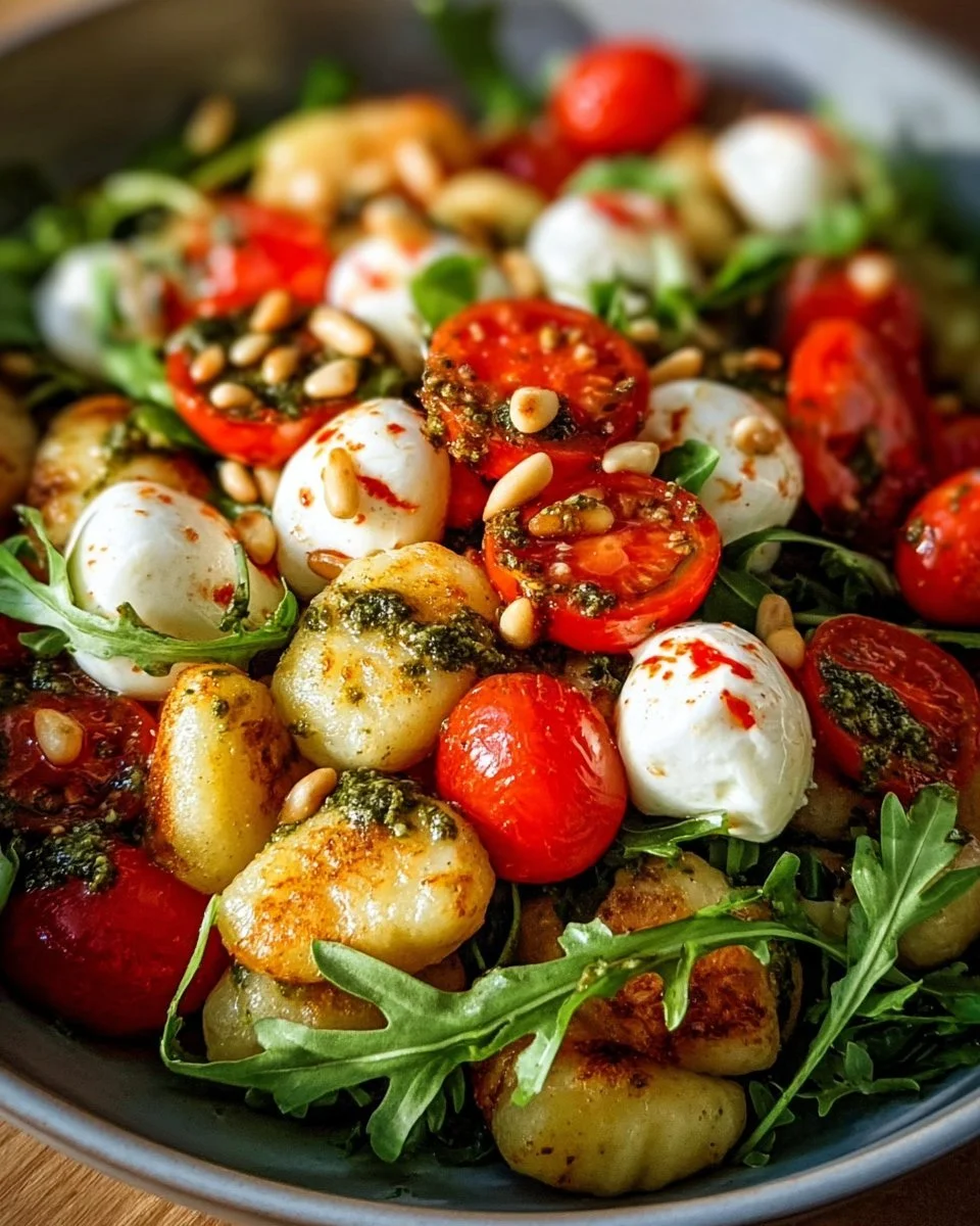 Delicious roasted gnocchi salad topped with fresh basil pesto