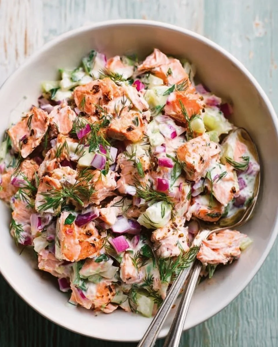 Colorful and fresh salmon salad with vegetables and dressing
