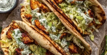 Sheet pan chicken pitas with herby ranch served on a plate