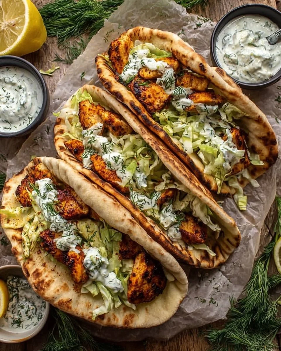 Sheet pan chicken pitas with herby ranch served on a plate