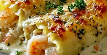 Shrimp Crab Alfredo Lasagna Roll-Ups beautifully plated with creamy sauce