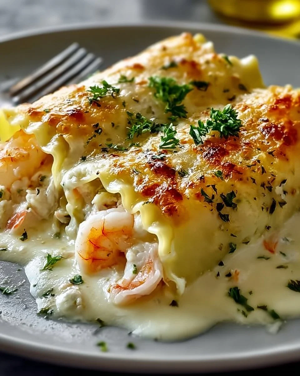 Shrimp Crab Alfredo Lasagna Roll-Ups beautifully plated with creamy sauce